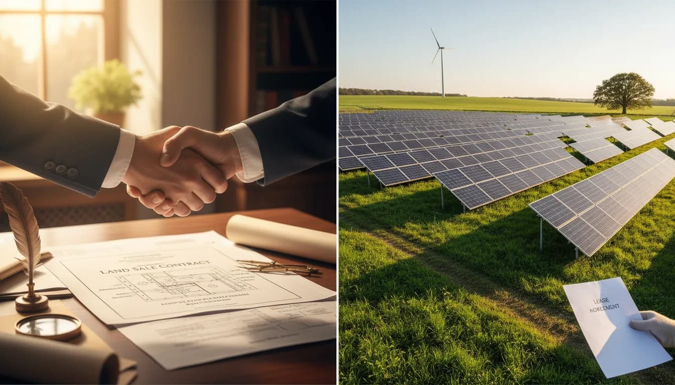 Landwirt steht auf einer Freifläche und wägt Verkauf gegen Verpachtung für einen Solarpark ab