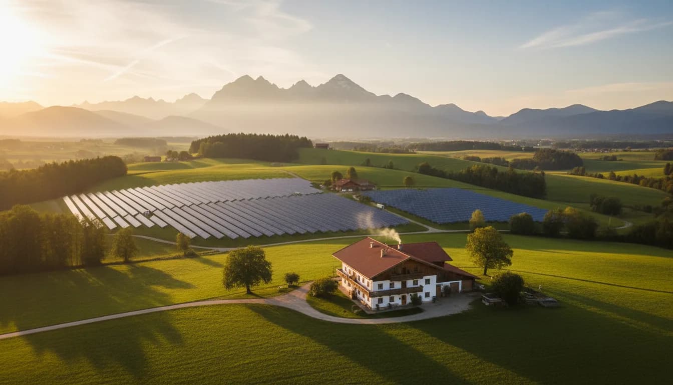 Solarpark auf einer Freifläche in Bayern mit Alpenblick und Photovoltaik-Modulen