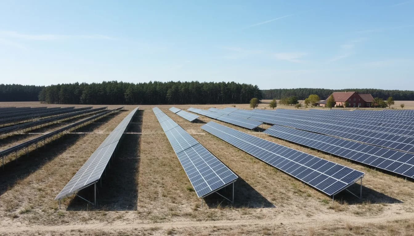 Großer Solarpark auf einer Freifläche in Brandenburg mit Photovoltaik-Modulen