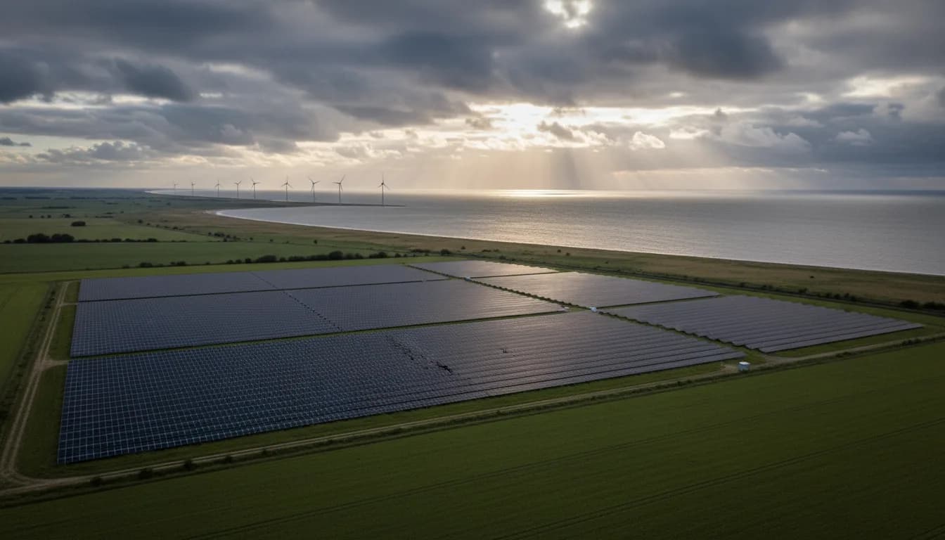 Solarpark auf einer Freifläche in Schleswig-Holstein mit Windrädern im Hintergrund